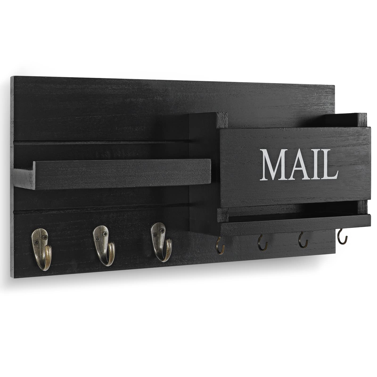 Mail Organizer for Wall Mount – Key Holder with Shelf Includes Letter Holder and Hooks for Hallway Farmhouse Decor – Rustic Wood with Flush Mounting Hardware (16.5” x 9.1” x 3.4”) (White)
