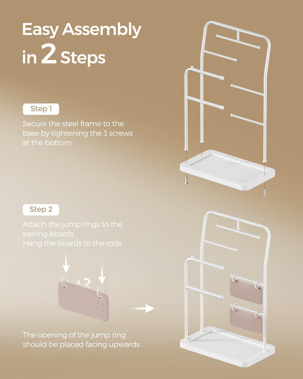 SONGMICS Jewelry Stand, Jewelry Organizer, Jewelry Display Holder with Metal Frame, 2 Earring Boards, 6 Hanging Rods, Necklace Earring Bracelet Holder, for Rings, Cloud White UJJS024W01
