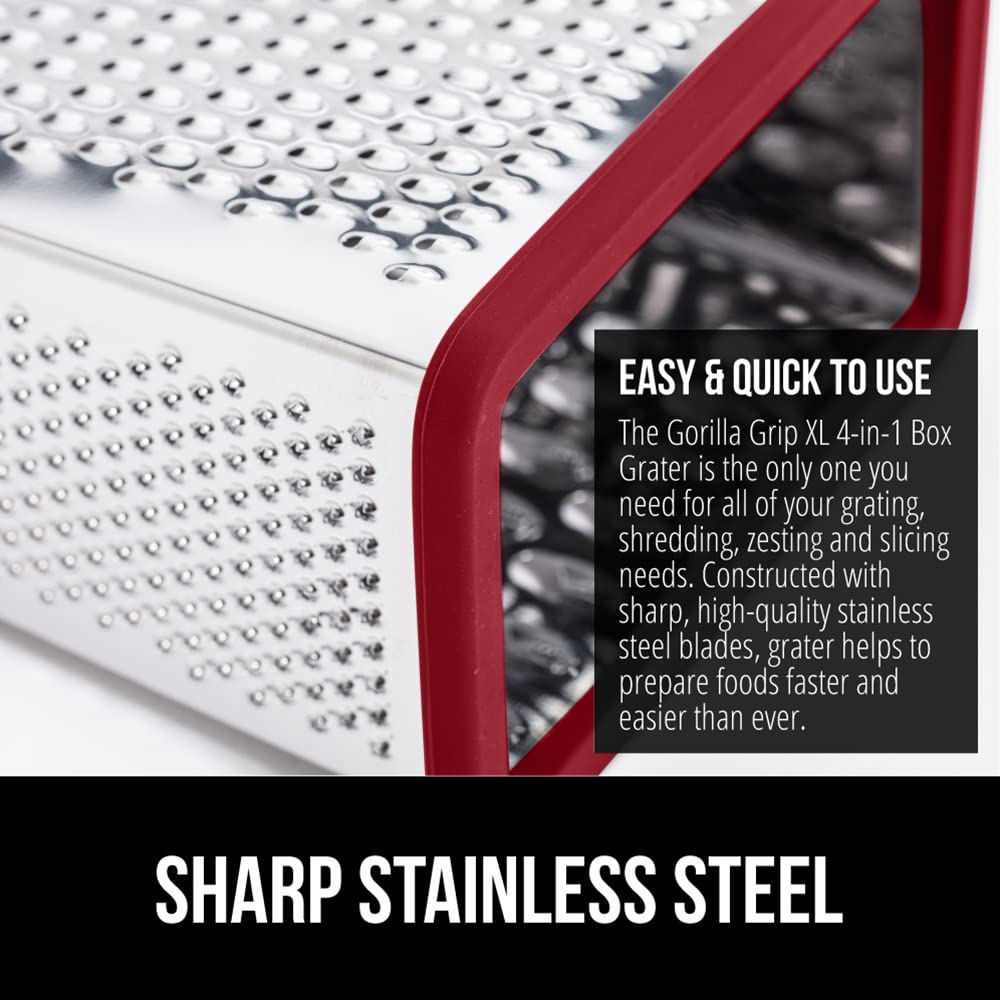 GORILLA GRIP 4-Sided Stainless Steel Cheese Grater With Container, 100% BPA-Free Box Grater, Slip Resistant Base and Handle, Grate Parmesan, Hard Cheeses, Shred Vegetables, Dishwasher Safe, Black