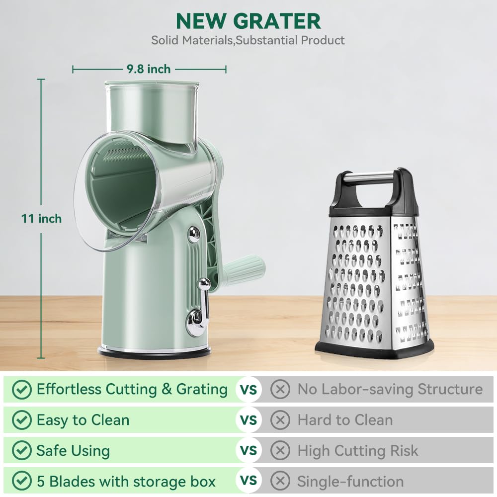 KEOUKE Rotary Cheese Grater 5 in 1 Green - Hand Crank Vegetable Cutter, Shredder, Slicer, Enlarge Input, Suction Base, Labor-Saving Handle, Blade Storage Box, for Onion, Potato, Vegetable, Nuts, etc