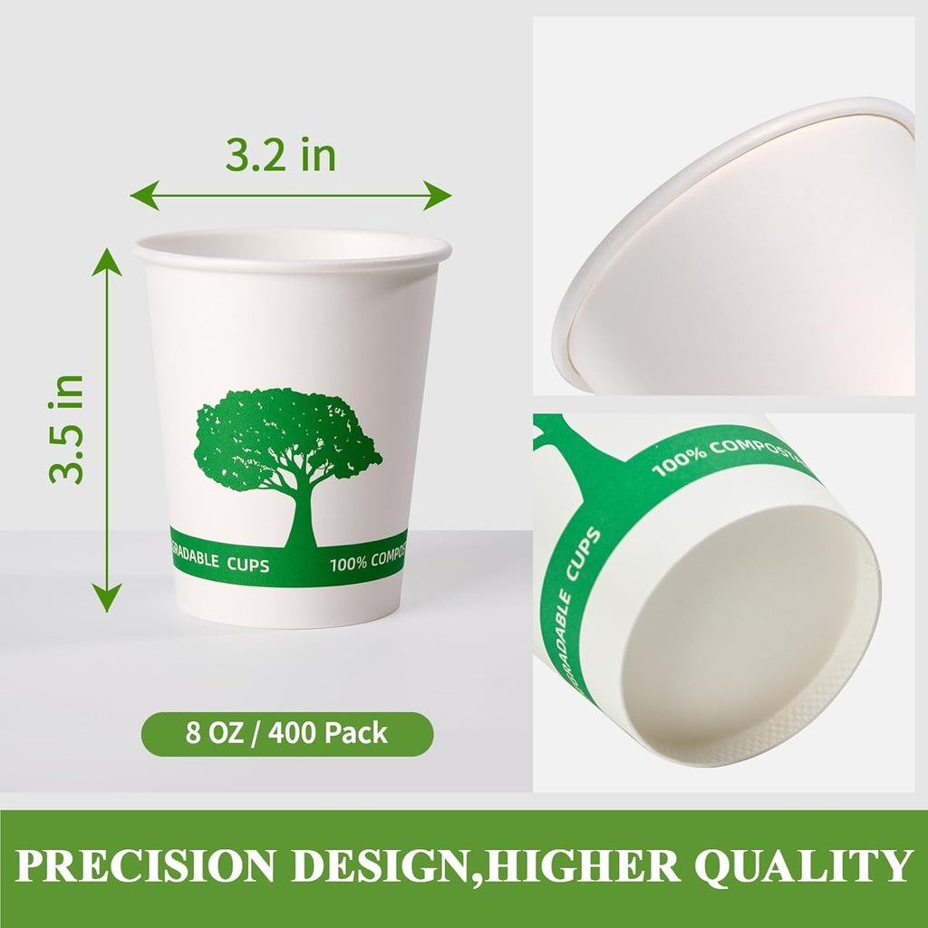 Vplus 150 Pack Compostable Disposable Paper Plates 10.25 inch and 400 Pack 8 oz Compostable Paper Cups