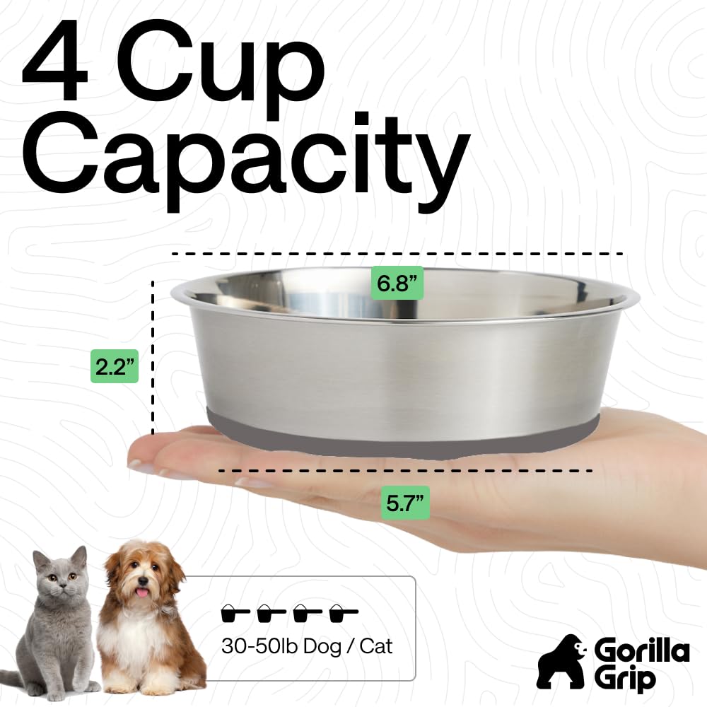 GORILLA GRIP Dog Bowls, Heavy Duty 304 Stainless Steel, Holds 2 Cups Each (16 fl oz) Food and Water Bowl for Feeding Dogs and Cats, Dishwasher Safe, Rust Resistant, BPA Free Rubber Base Set of 2 Black