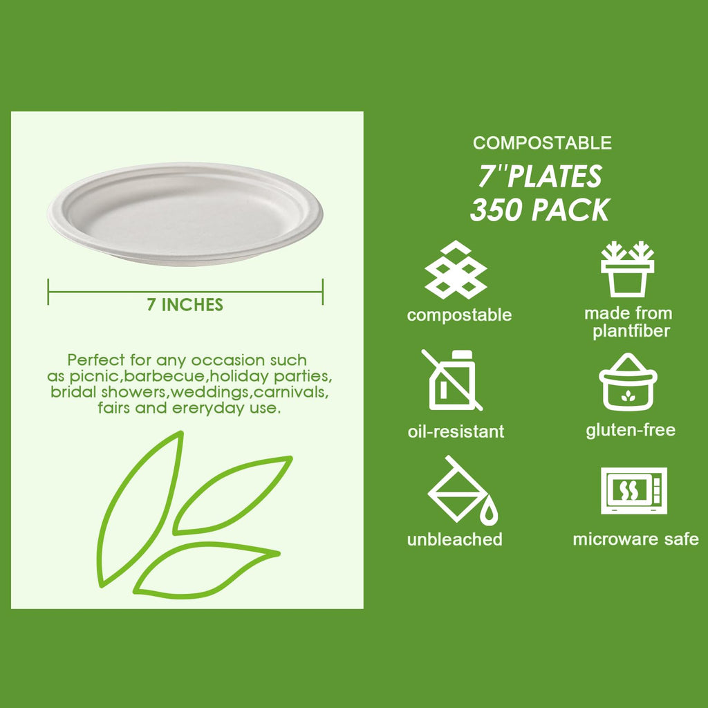 Vplus 150 Pack Compostable Disposable Paper Plates 10.25 inch Super Strong Paper Plates 100% Bagasse Natural Biodegradable Eco-Friendly Sugarcane(white)