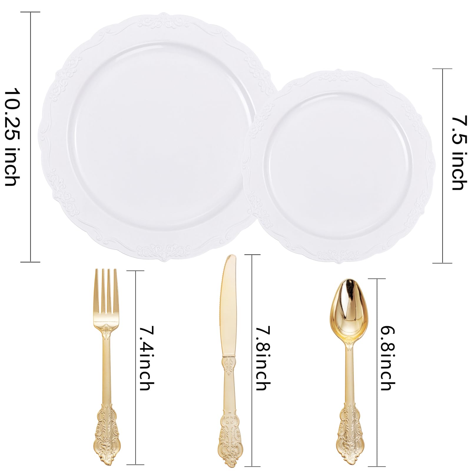 DaYammi 150Pcs Ivory Plastic Plates with Gold Rim,Disposable Plastic Plates Include 30 Dinner Plate,30 Salad Plate,30 Forks,30 Spoons,30 Knives,Ivory and Gold Plates for Party,Wedding,Mother's Day