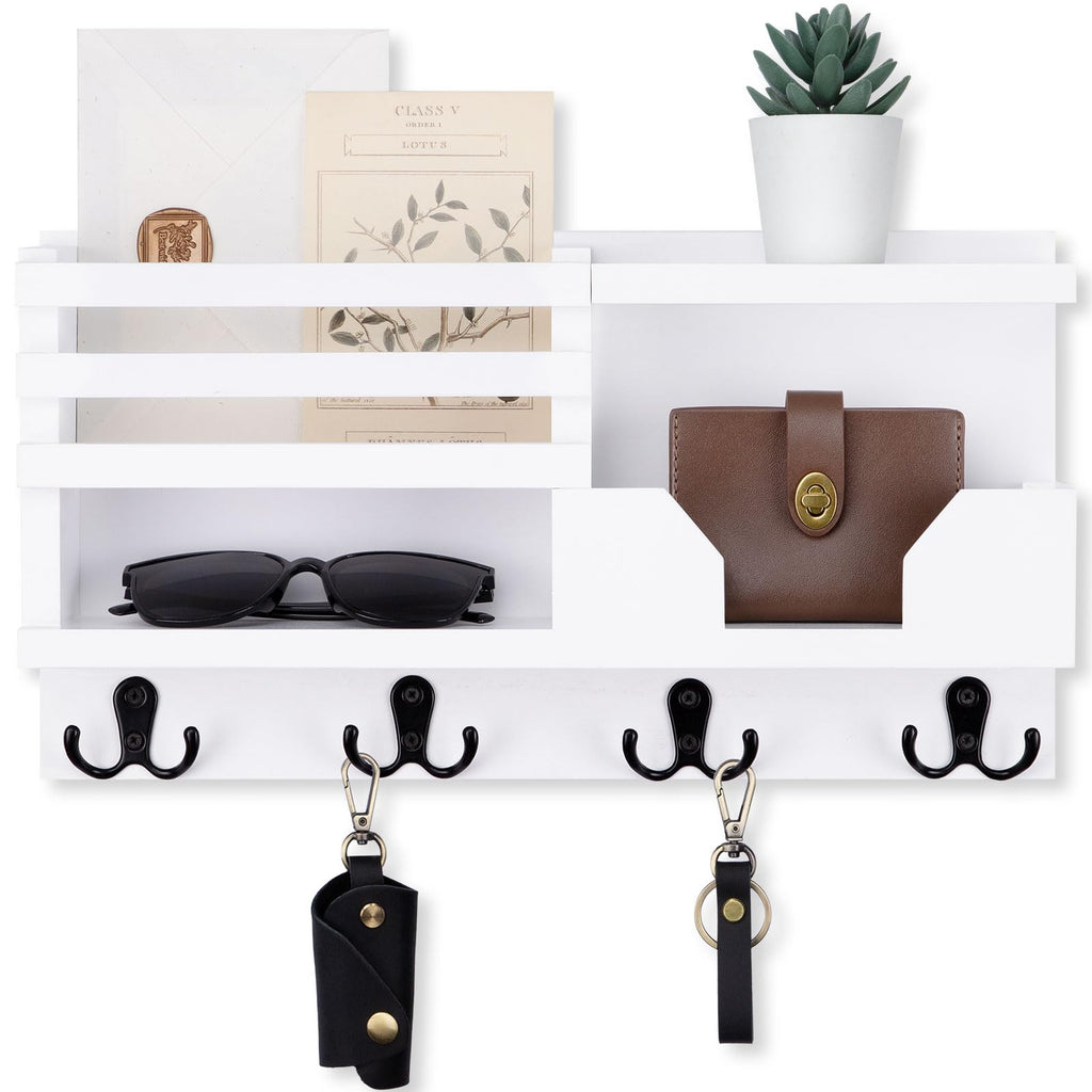 Mail and Key Holder for Wall – Decorative 15.9” x 8.7” x 3.2” Entryway Organizer with Shelf – Paulownia Wood with 4 Dual Hooks Includes Mounting Hardware and Installation Guide