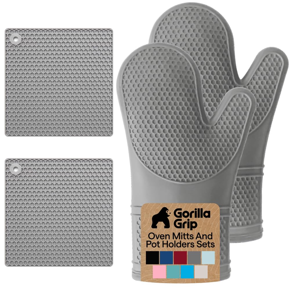 GORILLA GRIP BPA-Free Soft Silicone Oven Mitts, Heat Resistant and Waterproof Cooking Safety Gloves, Thick Cotton Lining, Flexible Gripping, Kitchen Potholders Set, for Grilling, BBQ, 12.5x8.3, Black