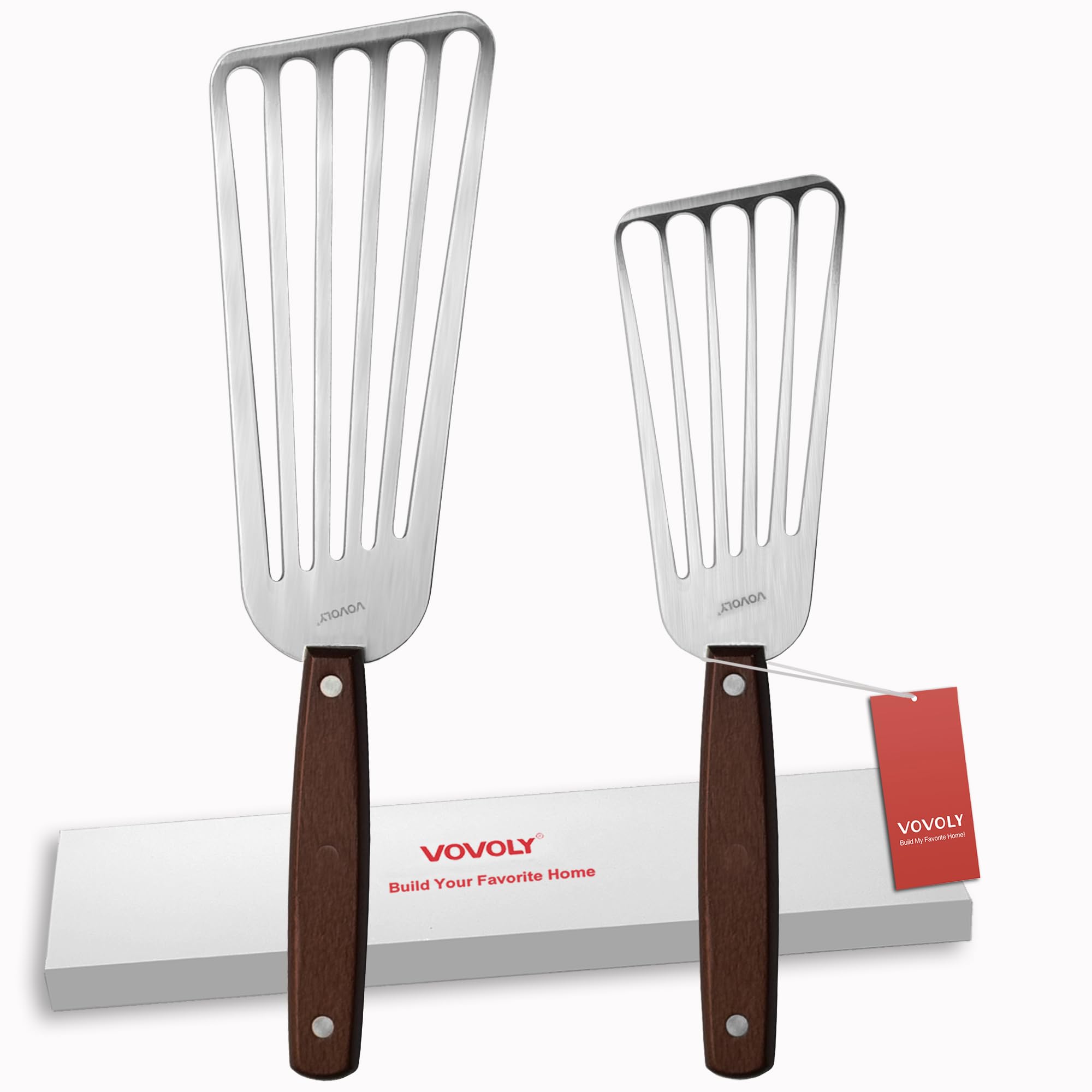 2 Pack Fish Spatula Turner, Stainless Steel Slotted Spatulas for Flipping, Turning, Frying & Grilling, 3"x6"+4"x8" Metal Slotted Spatulas, Wooden Full Tang Handle & Curved Blade
