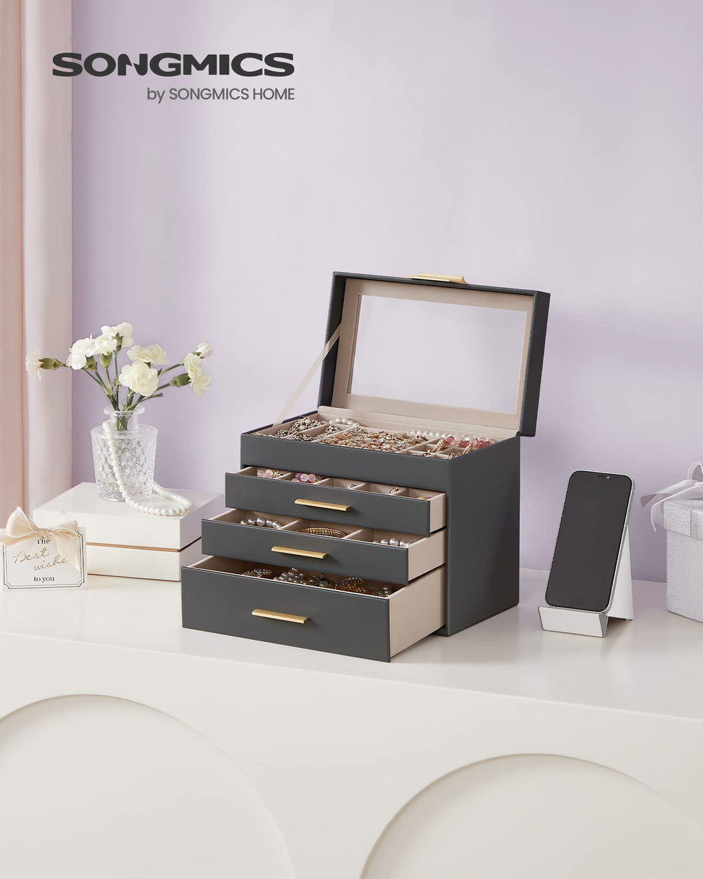 SONGMICS GISELLA Collection - Jewelry Box Organizer, 3-Layer Jewelry Storage with 2 Drawers, Shiny Metal Hardware, Glass Lid, Modern, 8 x 9.1 x 5.3 Inches, Cloud White and Gold Color UJBC239WT