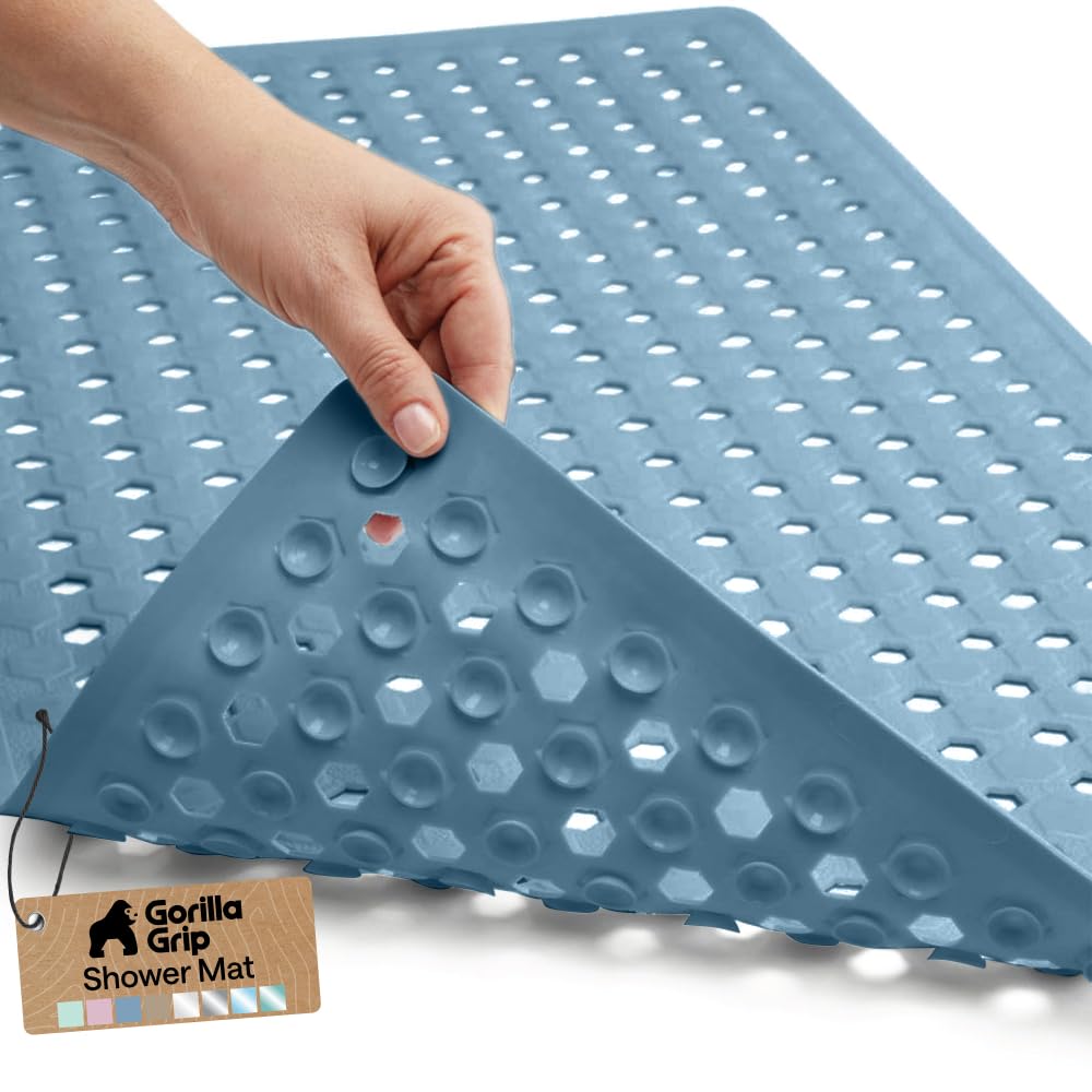 GORILLA GRIP Patented Bath Tub Shower Mat, Machine Washable Bathtub Floor Liner Mats, Suction Cups and Drain Holes to Keep Tubs Clean, Soft on Feet, Bathroom Essentials, 35x16 Inch, Clear