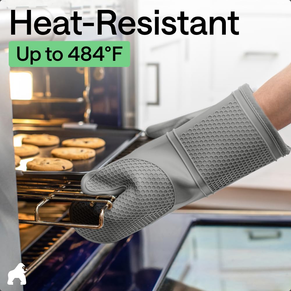 GORILLA GRIP BPA-Free Soft Silicone Oven Mitts, Heat Resistant and Waterproof Cooking Safety Gloves, Thick Cotton Lining, Flexible Gripping, Kitchen Potholders Set, for Grilling, BBQ, 12.5x8.3, Black