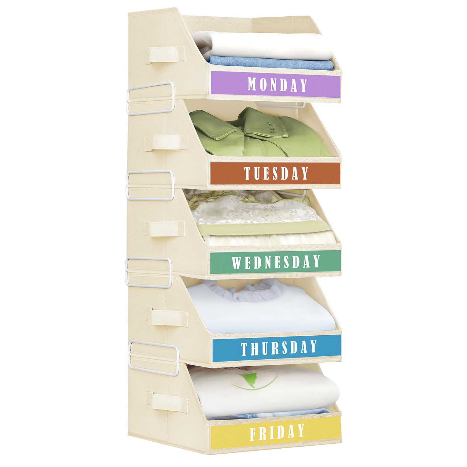 Homsorout Closet Organizers and Storage - 5 Tier Shelf Organizer with Weekly Labels, Stackable Storage Bins with Metal Frame, Foldable Cube Bins, Home Baskets for Kids and Adults, Beige