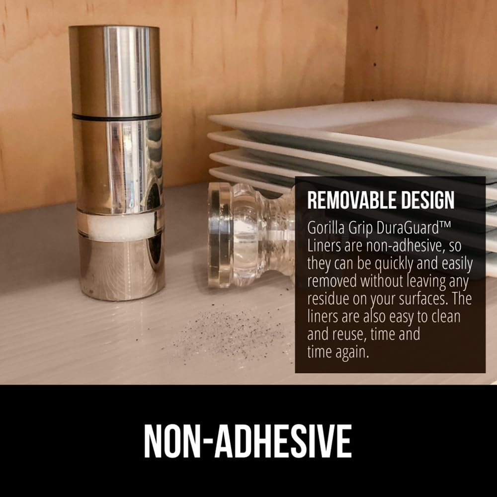 GORILLA GRIP DuraGuard Shelf Liner, Non-Adhesive Cabinet Liners for Kitchen Drawers, Shelves, Refrigerator, Pantry Storage, Bathroom Closet, Durable Waterproof BPA Free Ribbed Plastic, 12x20 Clear