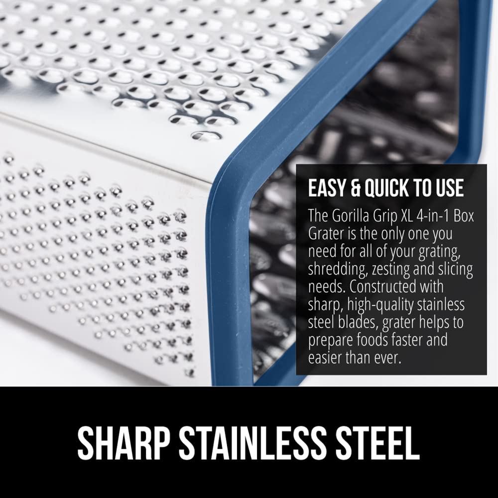 GORILLA GRIP 4-Sided Stainless Steel Cheese Grater With Container, 100% BPA-Free Box Grater, Slip Resistant Base and Handle, Grate Parmesan, Hard Cheeses, Shred Vegetables, Dishwasher Safe, Black