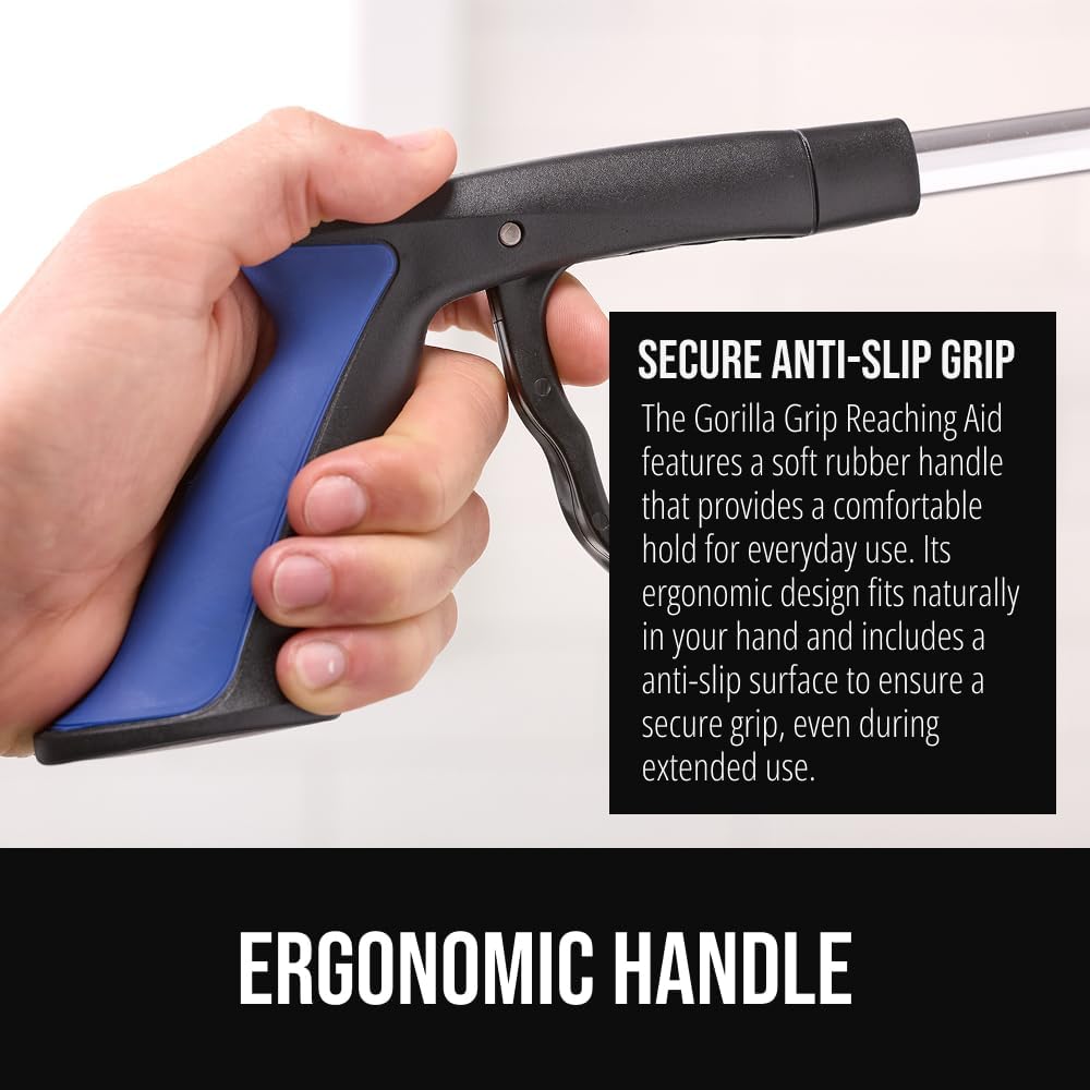 GORILLA GRIP Strong Rubber Lined Claw Grabber, Ergonomic Anti-Slip Reacher Tool for Seniors, 360 Magnetic Rotating Head Reaching Pick Up Stick, Foldable Trash Picker, Handicap Gripper, Blue