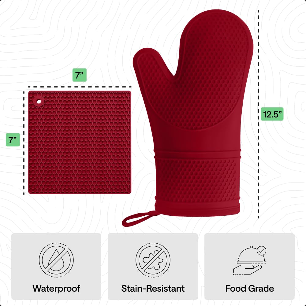 GORILLA GRIP BPA-Free Soft Silicone Oven Mitts, Heat Resistant and Waterproof Cooking Safety Gloves, Thick Cotton Lining, Flexible Gripping, Kitchen Potholders Set, for Grilling, BBQ, 12.5x8.3, Black