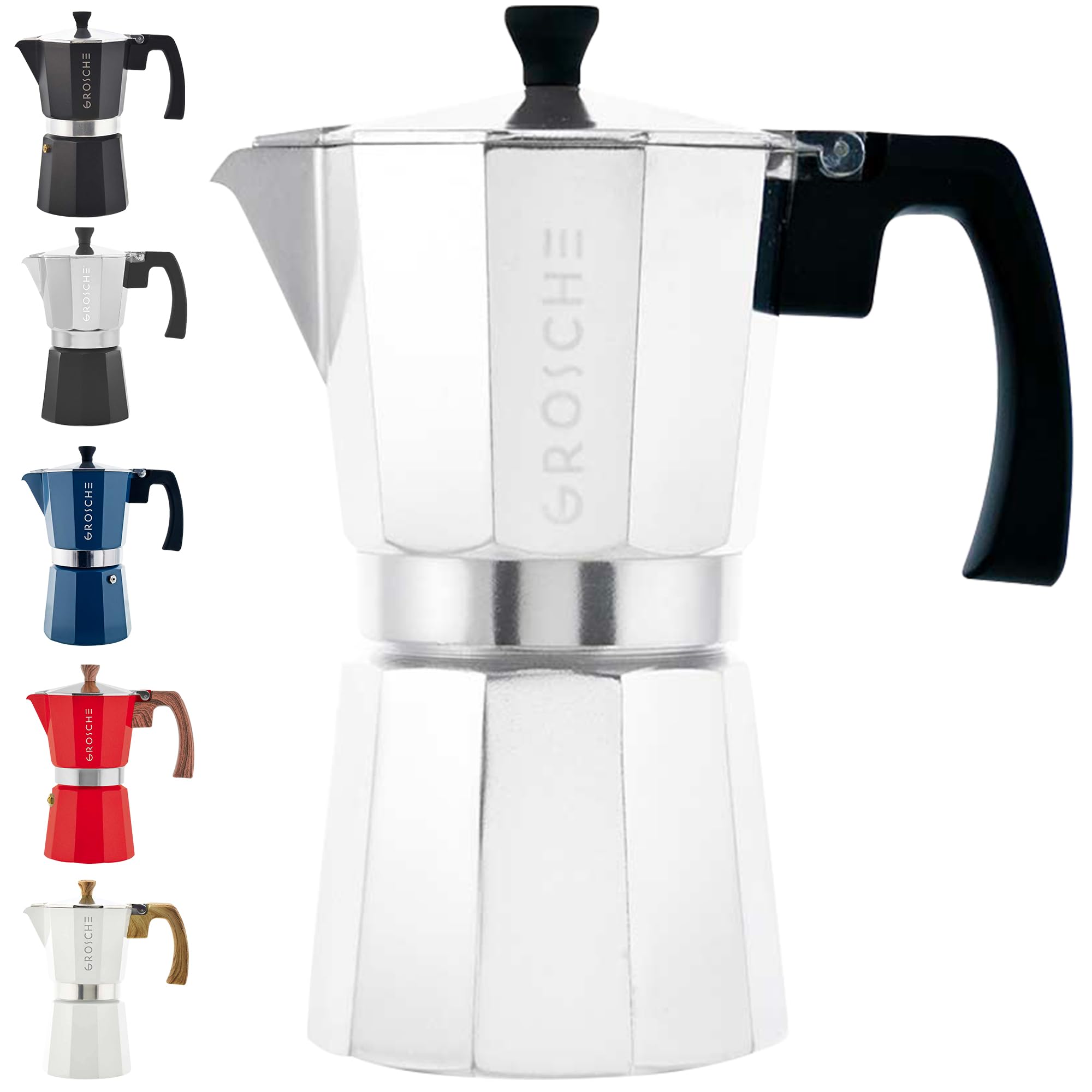 GROSCHE Milano Moka pot, Stovetop Espresso maker, Greca Coffee Maker, Stovetop coffee maker and espresso maker percolator (Grey, 6 cup)