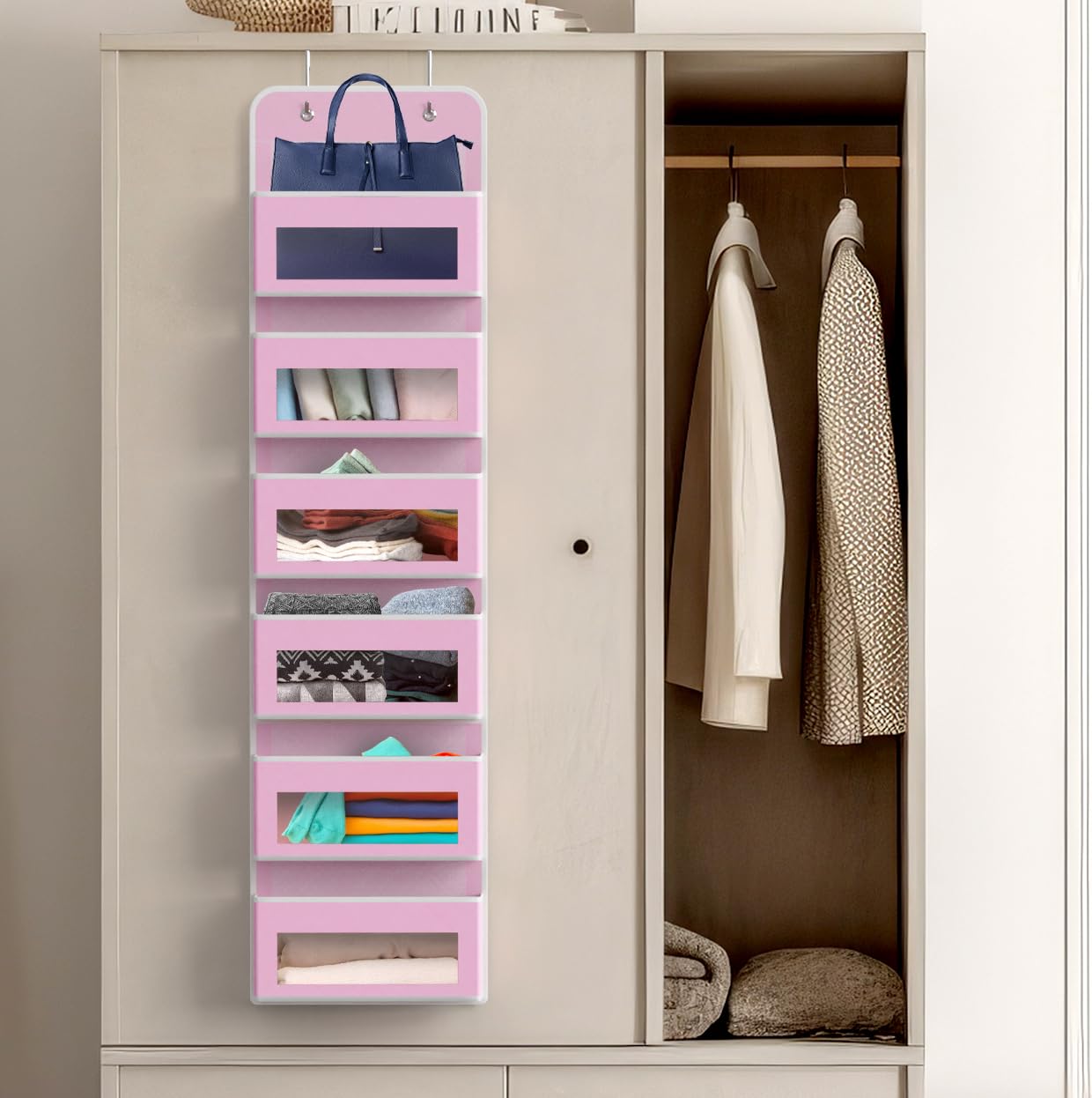Simple Houseware 6 Clear Window Pocket Over Closet Door Storage Hanging Organizer for Bedroom, Bathroom, Pantry, Beige