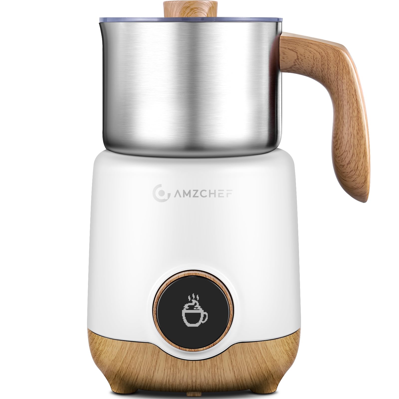 AMZCHEF 8-IN-1 Milk Frother and Steamer 21 oz, 550 Watts Split Stainless Steel Automatic Steamer, Milk's Warmer for Latte, Cappuccino, Hot Chocolate, Hot&Cold Froth, Heated Milk, Baby Food Wood&Black