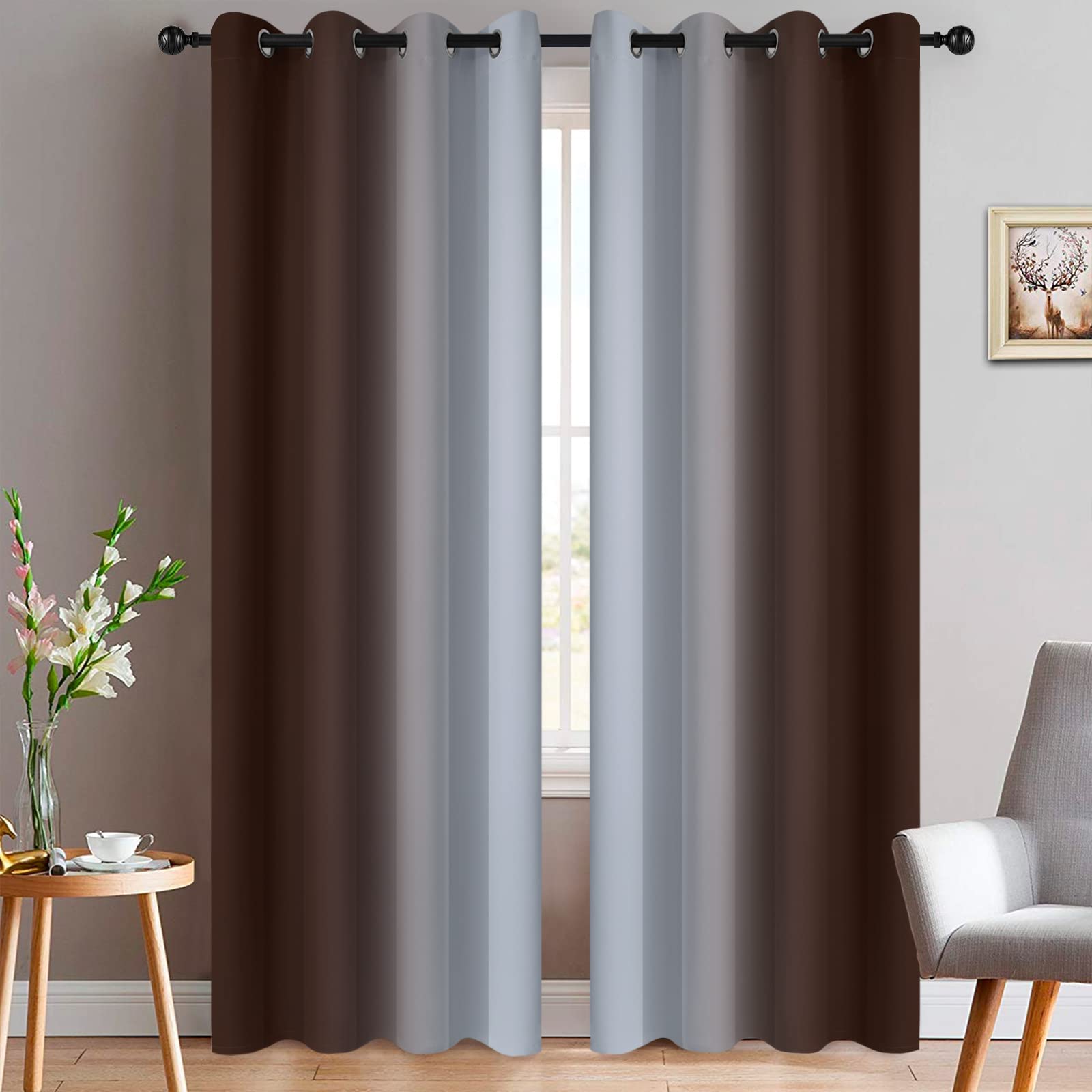 Yakamok Blue and Greyish White Ombre Curtains, Room Darkening Gradient Color Curtains for Bedroom, Light Blocking Thermal Insulated Window Drapes for Living Room(2 Panels, 52x84 Inch)