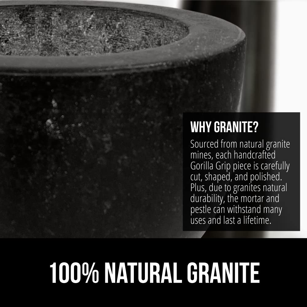 GORILLA GRIP Heavy Duty Mortar and Pestle Set with Slip Resistant Base, 100% Granite Stone Molcajete Guacamole Bowl, Grind Seeds, Garlic, Herb, Kitchen Muddler, Essentials for Chefs, 1.5 Cup Gray