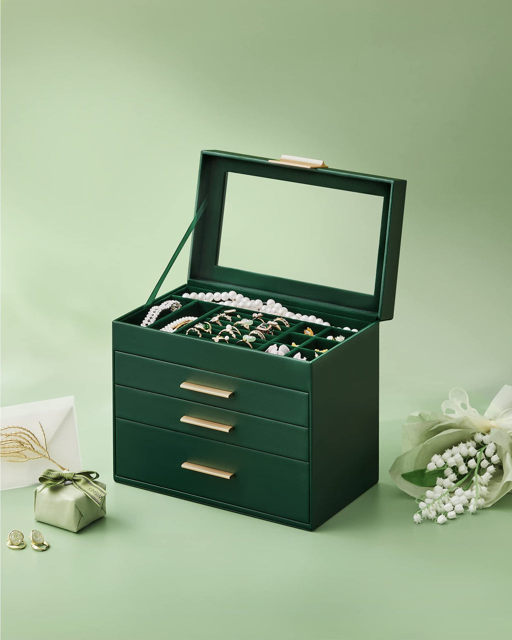 SONGMICS GISELLA Collection - Jewelry Box Organizer, 3-Layer Jewelry Storage with 2 Drawers, Shiny Metal Hardware, Glass Lid, Modern, 8 x 9.1 x 5.3 Inches, Cloud White and Gold Color UJBC239WT