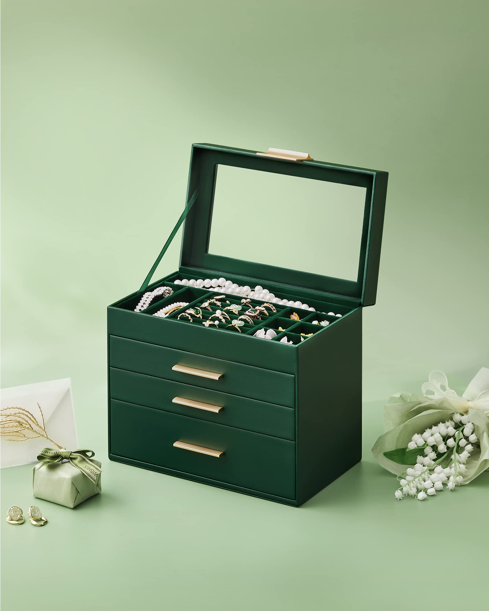 SONGMICS GISELLA Collection - Jewelry Box Organizer, 3-Layer Jewelry Storage with 2 Drawers, Shiny Metal Hardware, Glass Lid, Modern, 8 x 9.1 x 5.3 Inches, Cloud White and Gold Color UJBC239WT
