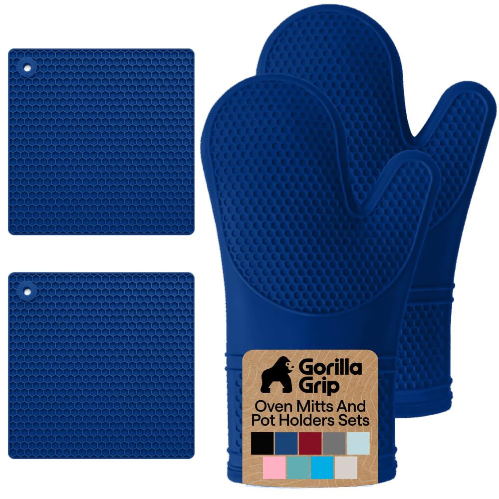 GORILLA GRIP BPA-Free Soft Silicone Oven Mitts, Heat Resistant and Waterproof Cooking Safety Gloves, Thick Cotton Lining, Flexible Gripping, Kitchen Potholders Set, for Grilling, BBQ, 12.5x8.3, Black