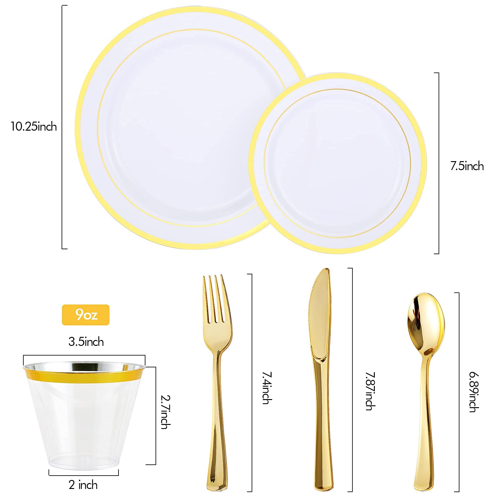 Vplus 600 Count Gold Dinnerware Set, 200 Plastic Plates, Set of 300 Silverware, 100 Cups, Disposable Gold Plastic Dinnerware for Party or Wedding