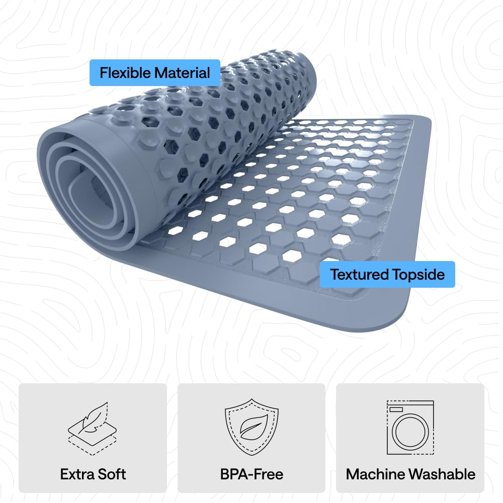 GORILLA GRIP Patented Bath Tub Shower Mat, Machine Washable Bathtub Floor Liner Mats, Suction Cups and Drain Holes to Keep Tubs Clean, Soft on Feet, Bathroom Essentials, 35x16 Inch, Clear