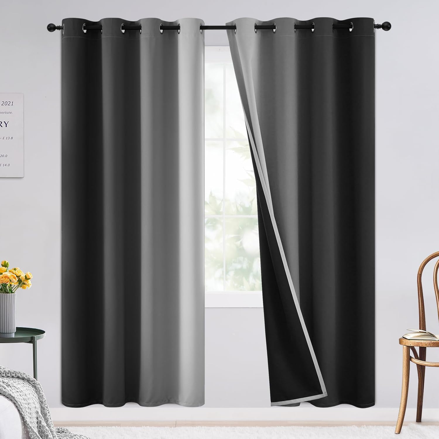 SimpleHome Ombre Room Darkening Curtains for Bedroom, Gradient Black to Grey White Light Blocking Thermal Insulated Grommet Window Curtain/Drapes for Living Room,2 Panels, 52x84 inches Length