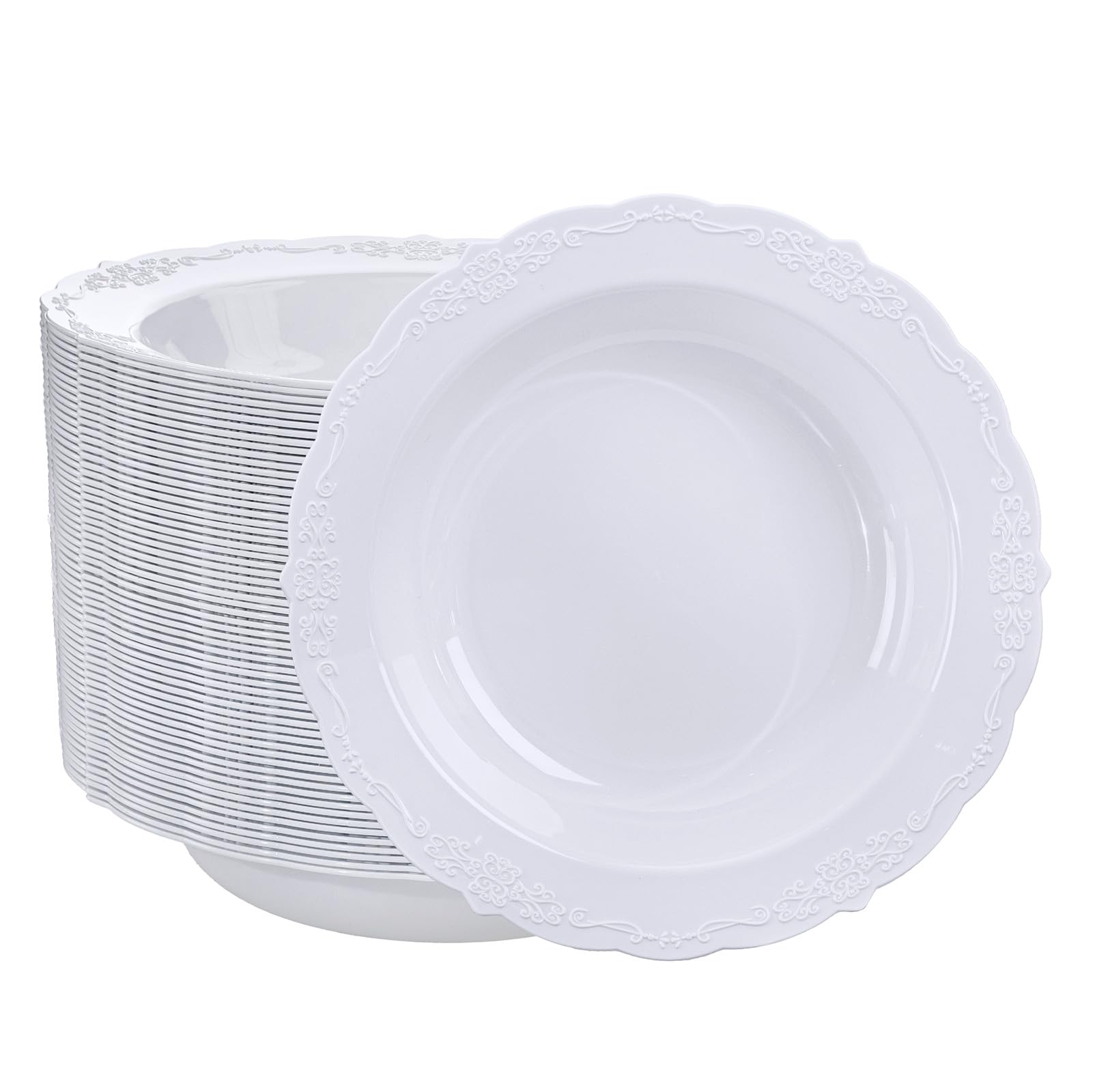DaYammi 50 Pack White Plastic Bowls, 12oz Disposable Soup Bowls, White bowls Disposable Heavy Duty Dinner Bowls for Weddings, Salad Bowl for Parties, Dinners, Catering and Everyday Use