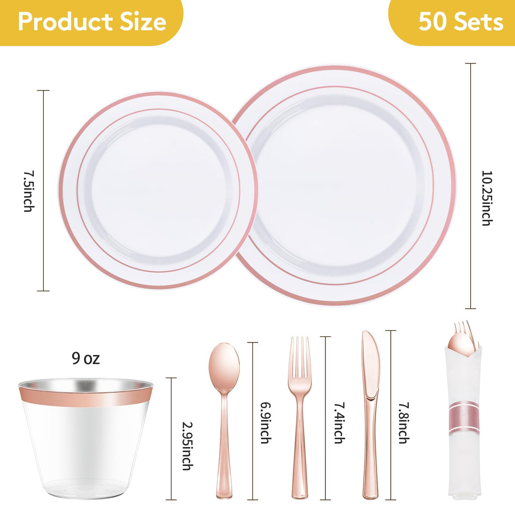 Goodluck 350 Piece Silver Plastic Dinnerware Set for 50 Guests, Fancy Disposable Plates for Party, Include: 50 Dinner Plates, 50 Dessert Plates, 50 Pre Rolled Napkins with Silver Silverware, 50 Cups
