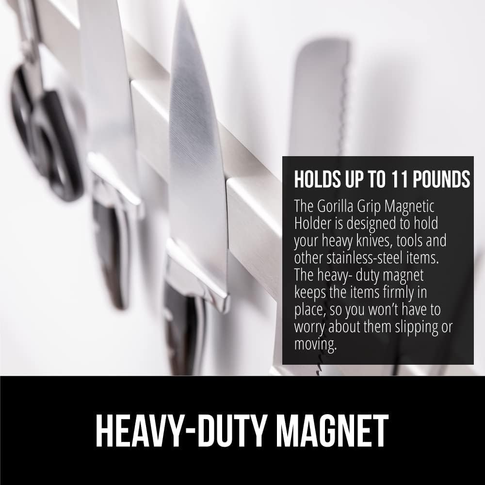 GORILLA GRIP 304 Stainless Steel Magnetic Knife Holder for Wall, Magnet Bar for Knives, Tools, Heavy Duty Metal Strip Holds Up to 6 lbs, Kitchen Home Organizer, 10 in, Non-Adhesive, Drilling Required