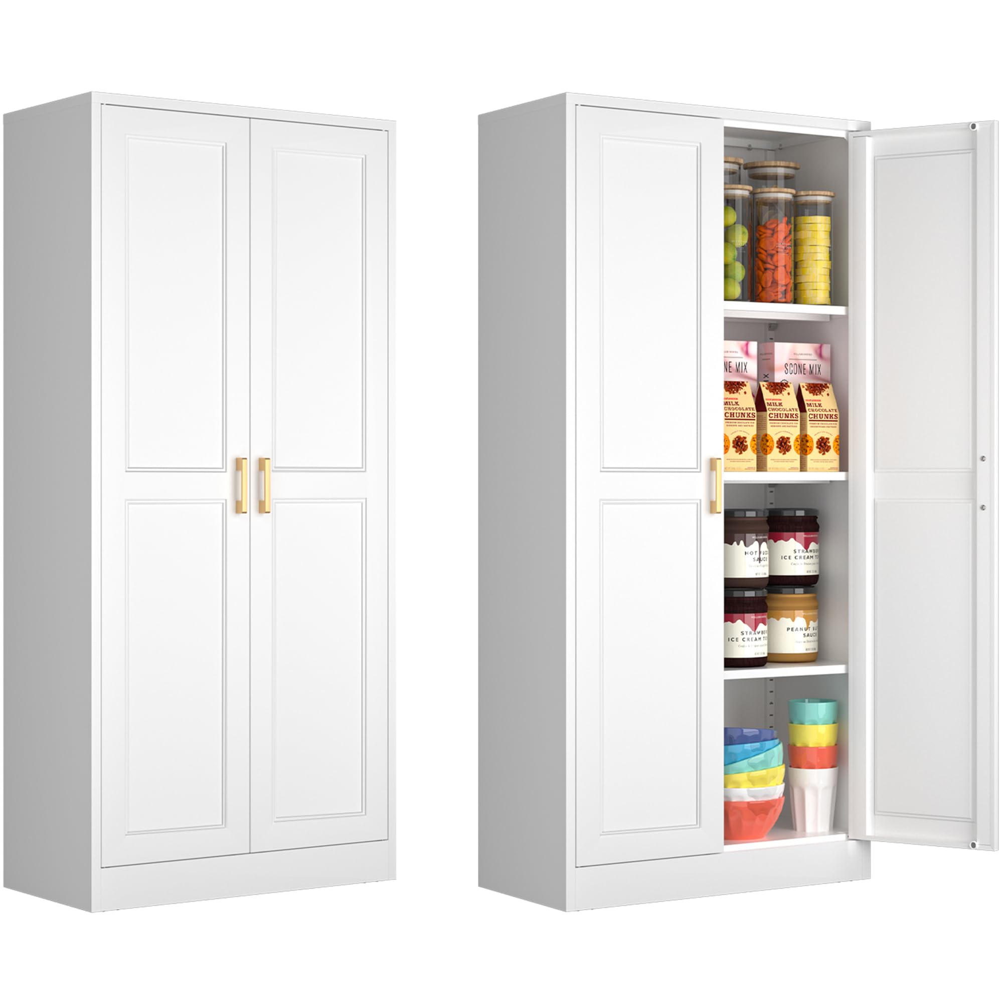 Polup White Kitchen Pantry Cabinet, 71 Inch Tall Metal Storage Cabinet with Doors and Shelves, Pantry Cabinets for Kitchen Storage, Freestanding Cupboard for Living, Dining Room, Assemble Required