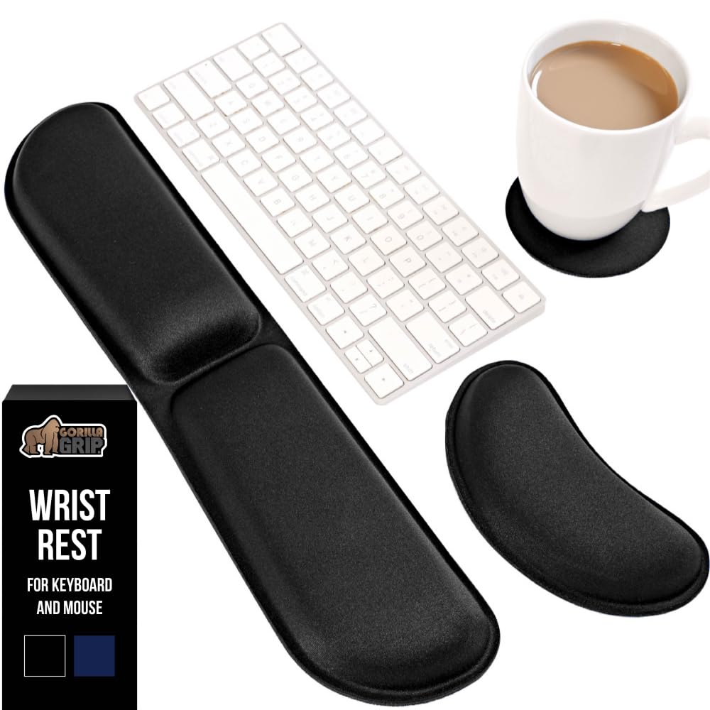 GORILLA GRIP Silky Memory Foam Wrist Rest for Computer Keyboard, Mouse, Ergonomic Design for Typing Pain Relief, Desk Pads Support Hand and Arm, Mousepad Rests, Stain Resistant, 2 Piece Pad, Black