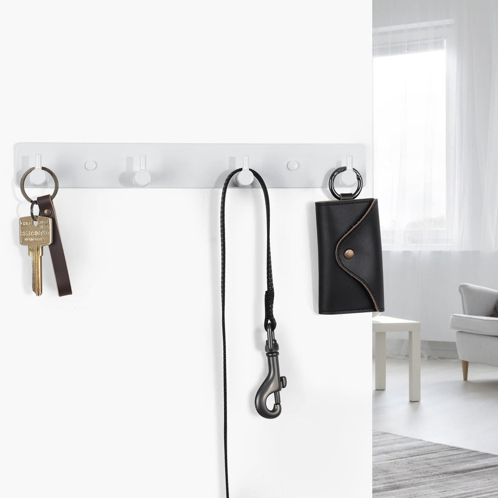 Key Holder for Wall, Black Key Rack with 4 Key Hooks to Hang Keyrings, Dog Leash, Umbrella, Sunglasses – Key Hanger with Mounting Hardware for Glass, Tile and Wood (10.9” x 1.4” x 1.0”) (White)