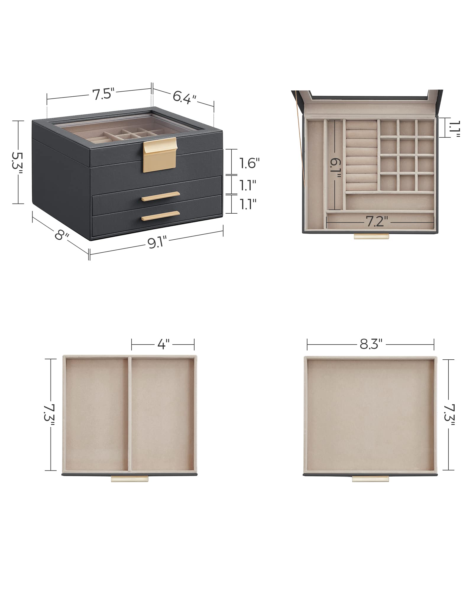 SONGMICS GISELLA Collection - Jewelry Box Organizer, 3-Layer Jewelry Storage with 2 Drawers, Shiny Metal Hardware, Glass Lid, Modern, 8 x 9.1 x 5.3 Inches, Cloud White and Gold Color UJBC239WT