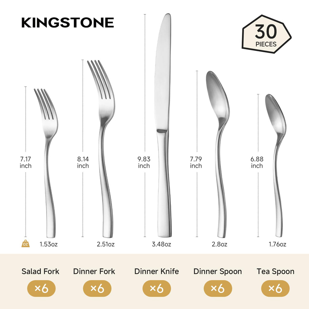 KINGSTONE 30-Piece Silverware Set for 6, Matte Stainless Steel Flatware Set with Forks, Knives, Spoons, Dishwasher Safe, Rust Resistant Cutlery for Home & Wedding