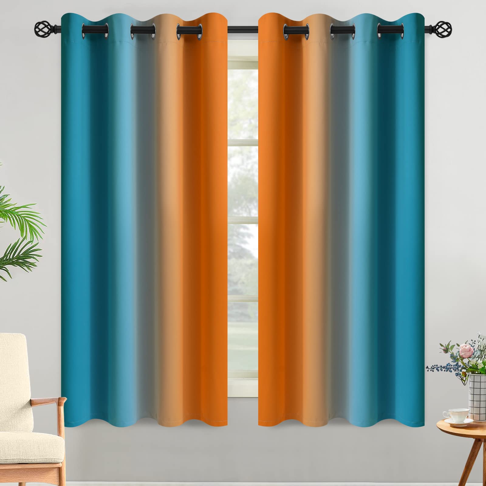 Yakamok Blue and Greyish White Ombre Curtains, Room Darkening Gradient Color Curtains for Bedroom, Light Blocking Thermal Insulated Window Drapes for Living Room(2 Panels, 52x84 Inch)