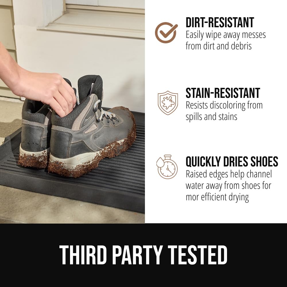 GORILLA GRIP Natural Rubber Indoor Outdoor Boot Tray for Shoes, 32x16, Waterproof Winter Mat with Raised Edges, Handles, Tear Resistant Heavy Duty Home Garage Floor Mats, Easy Clean Shoe Trays, Black