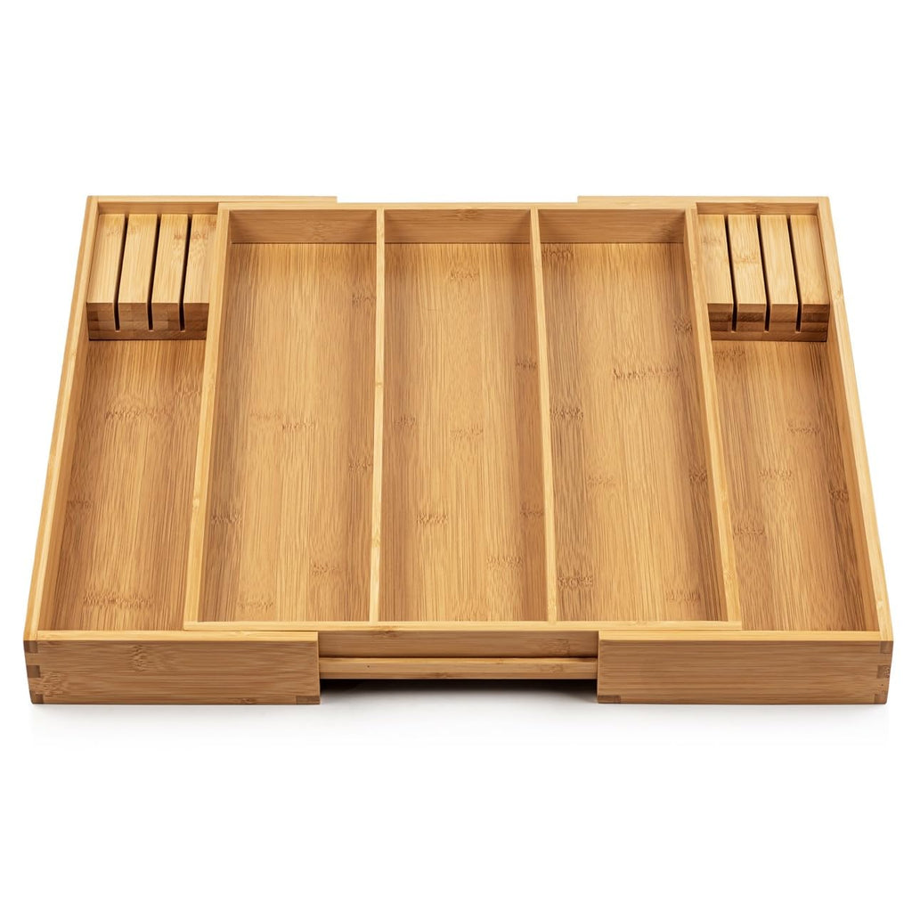Purawood Bamboo Drawer Organizer - Expandable Silverware Organizer & Utensil Drawer Organizer, Cutlery Tray with Dividers, 7-9 Slots- Kitchen Organizer for Utensils & Flatware (Natural)