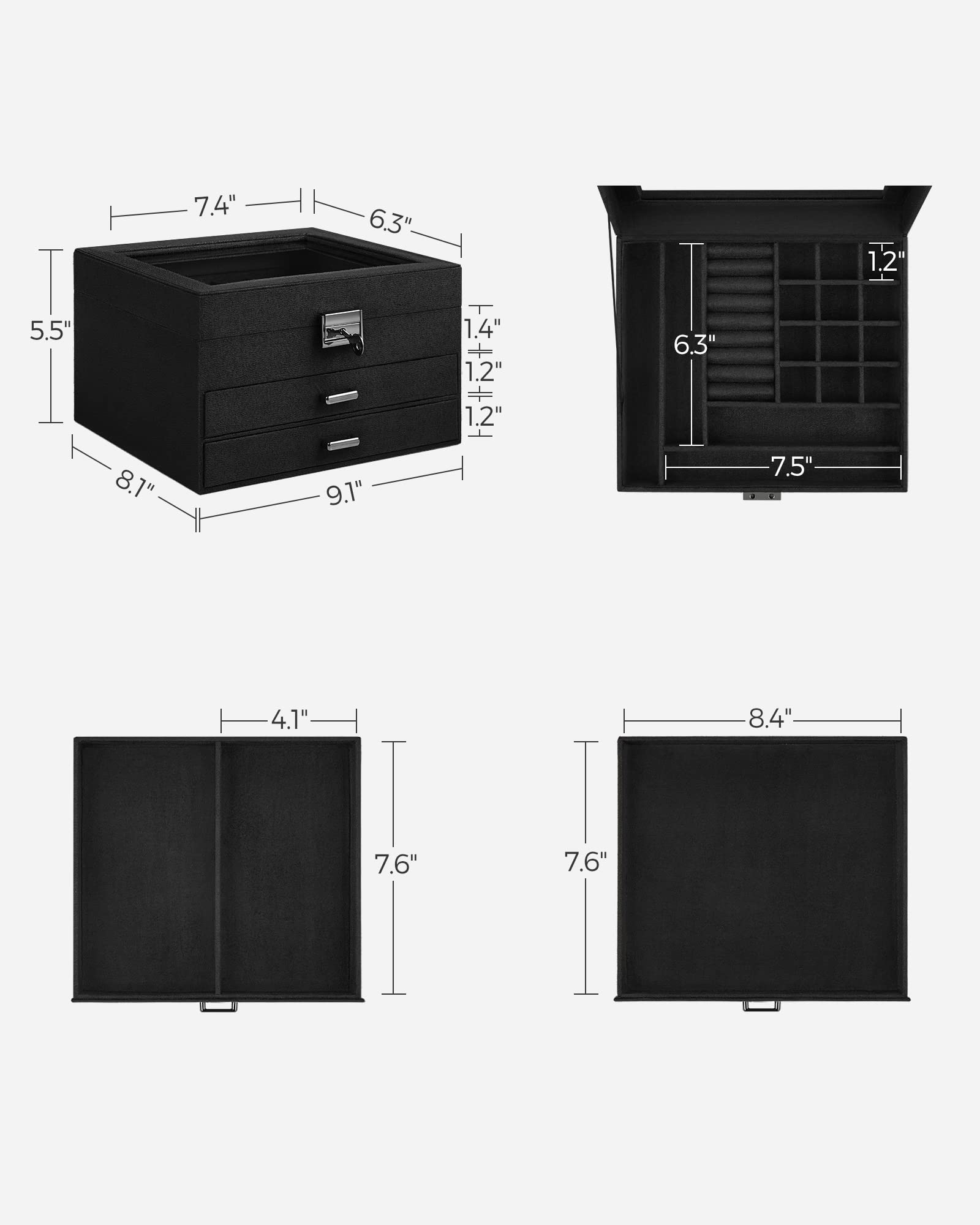 SONGMICS 3-Tier Jewelry Box, Travel Jewelry Case with Handle, 2 Drawers, Lockable Jewelry Organizer with Mirror, Jewelry Storage, Modern Style, Gift for Loved Ones, White UJBC154W01