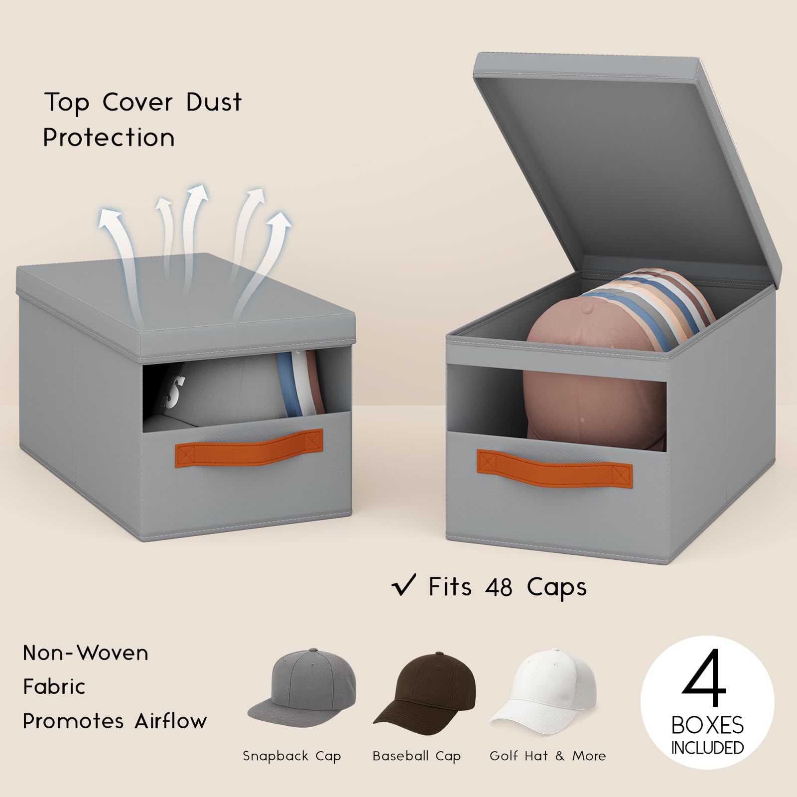 Homsorout Hat Organizer for Baseball Caps - 3 Pack Stackable Foldable Protective Lids Hat Storage Box with Clear Window Baseball cap organizer for Closet, Bedroom, Rv, Grey