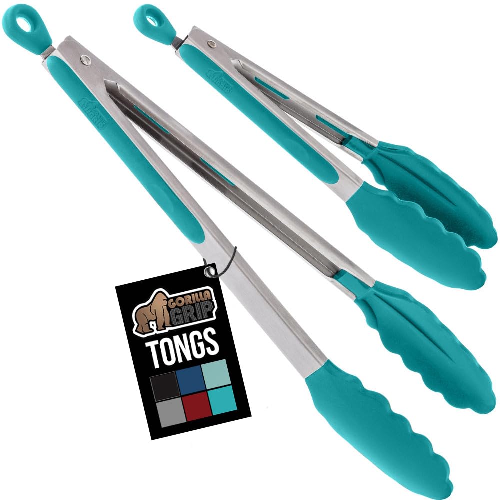 GORILLA GRIP Stainless Steel Heat Resistant Kitchen Tongs for Cooking, Set of 2 BBQ Tong, Non Scratch Silicone Tip for Pans, Strong Grip, Grab Food, Toss Salad, Air Fryer, Pull Lock, 7 + 9 Inch, Black
