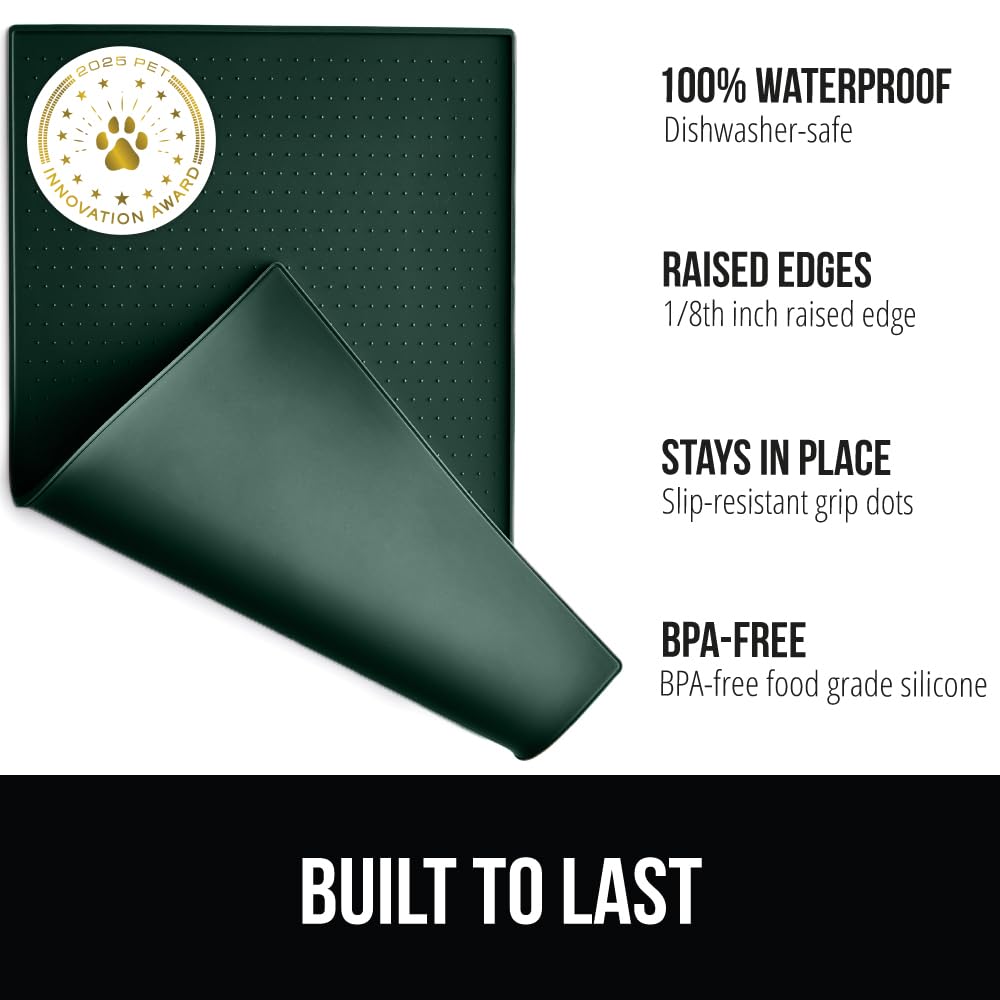 GORILLA GRIP 100% Waterproof Raised Edge BPA Free Silicone Pet Feeding Mat, Dog Cat Food Mats Contain Spills Protects Floors, Placemats for Cats and Dogs Water Bowl, Pets Accessories 18.5x11.5 Gray
