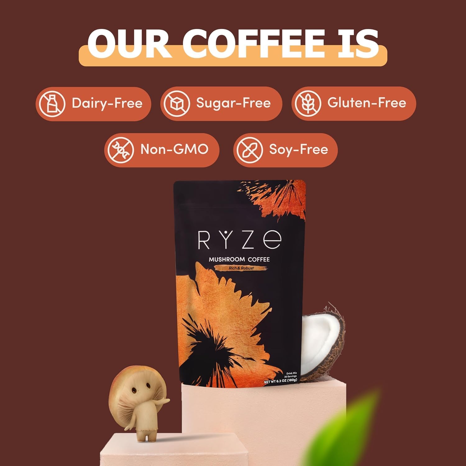 RYZE SUPERFOODS Mushroom Medium Roast Coffee Starter Kit, USDA Organic Instant Coffee with 6 Adaptogenic Mushrooms and for Energy, Focus, Digestion, Immunity with Lions Mane & Turkey Tail 60 Serving