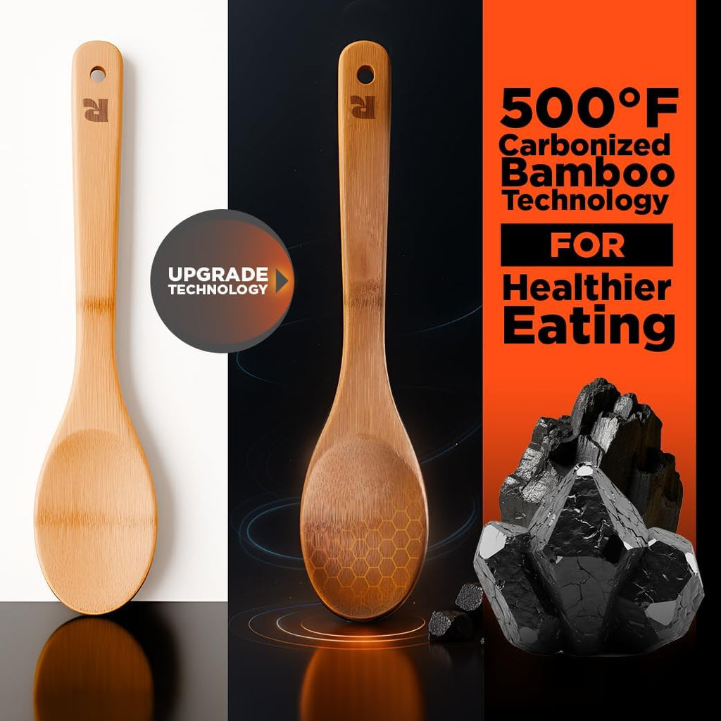 Riveira Dark Bamboo Wooden Spoons for Cooking 6-Piece, Apartment Essentials Wood Spatula Spoon Nonstick Kitchen Utensil Set Premium Quality Housewarming Gifts for Everyday Use