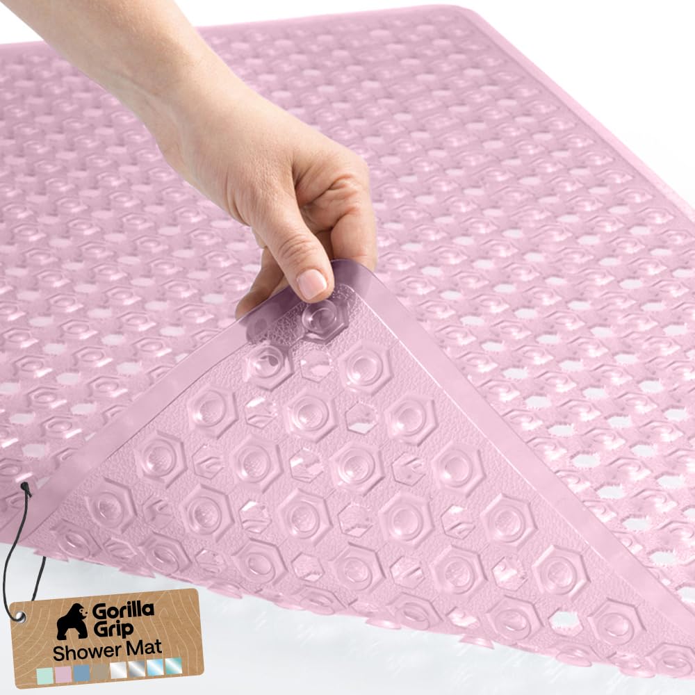 GORILLA GRIP Patented Bath Tub Shower Mat, Machine Washable Bathtub Floor Liner Mats, Suction Cups and Drain Holes to Keep Tubs Clean, Soft on Feet, Bathroom Essentials, 35x16 Inch, Clear