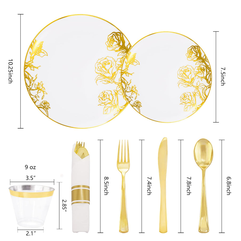 DaYammi 210Pcs White Gold Plastic Plates for Party,Gold Disposable Dinnerware Set Includes 60 gold Floral Plates,30 Plastic Silverware,30 Per Rolled Napkins,30 Cups for Mother's Day Party Wedding