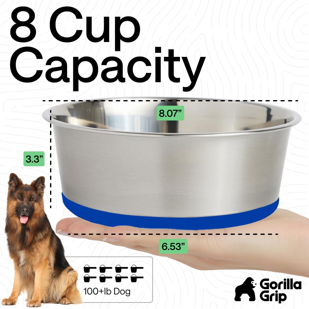 GORILLA GRIP Dog Bowls, Heavy Duty 304 Stainless Steel, Holds 2 Cups Each (16 fl oz) Food and Water Bowl for Feeding Dogs and Cats, Dishwasher Safe, Rust Resistant, BPA Free Rubber Base Set of 2 Black